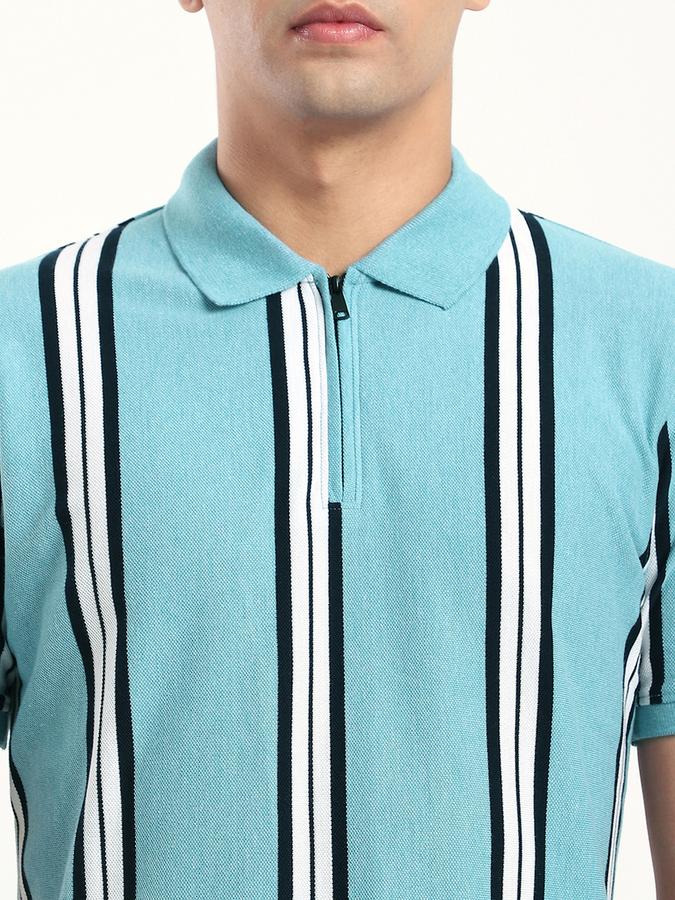 Men Cotton Blend Regular Fit Polo Neck Striped T-shirt