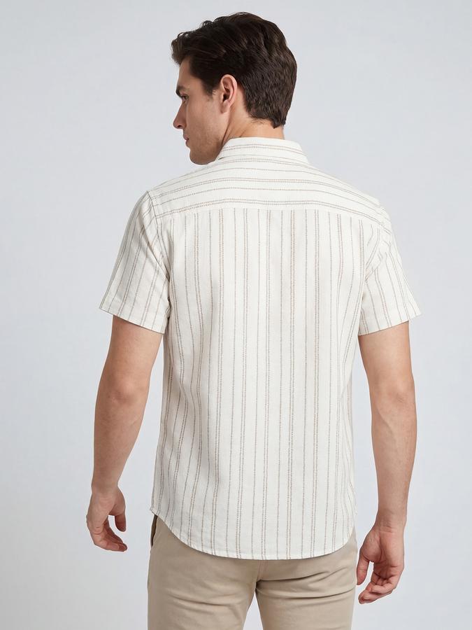 R&B Ivory Striped Men Spread Collar Short Sleeves Shirt