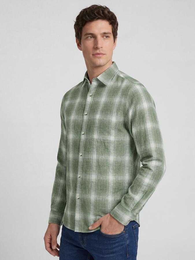 R&B Green Checked Men Spread Collar Long Sleeves Shirt