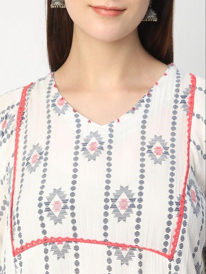R&B White Geometric Printed Women Three-Quarter Sleeves Kurta