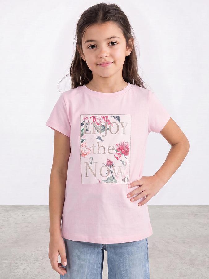 R&B Girls Pink Glitter Graphic Print Short Sleeves Round Neck Pure Cotton T-Shirt
