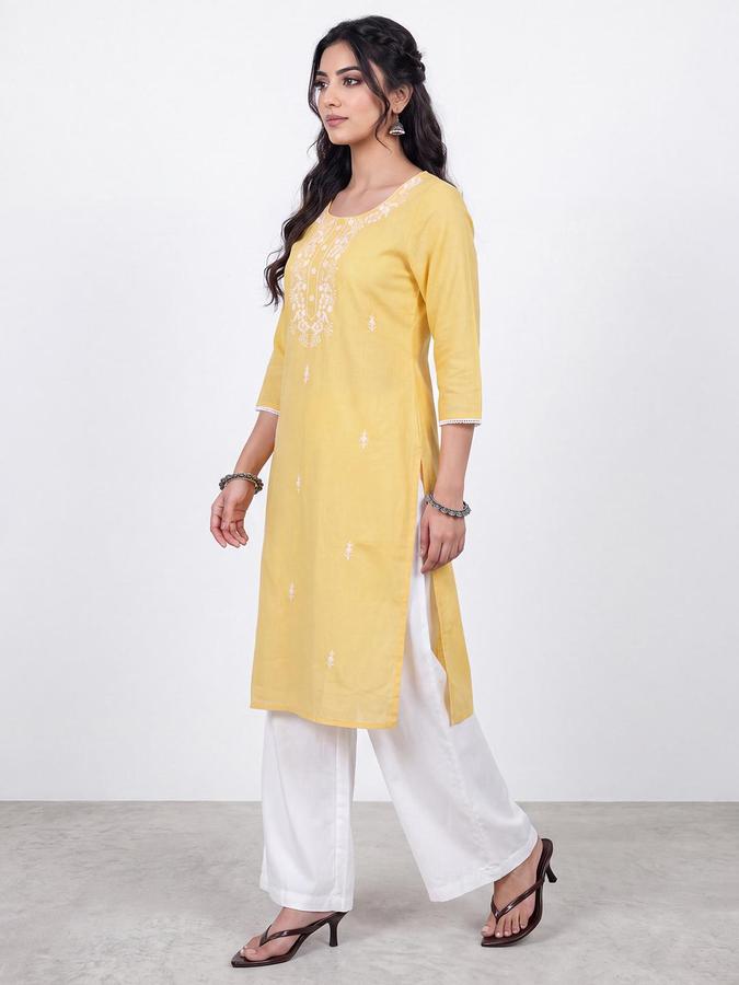 R&B Women Mustard Floral Embriodery Round Neck Three-Quarter Sleeves Straight Kurta