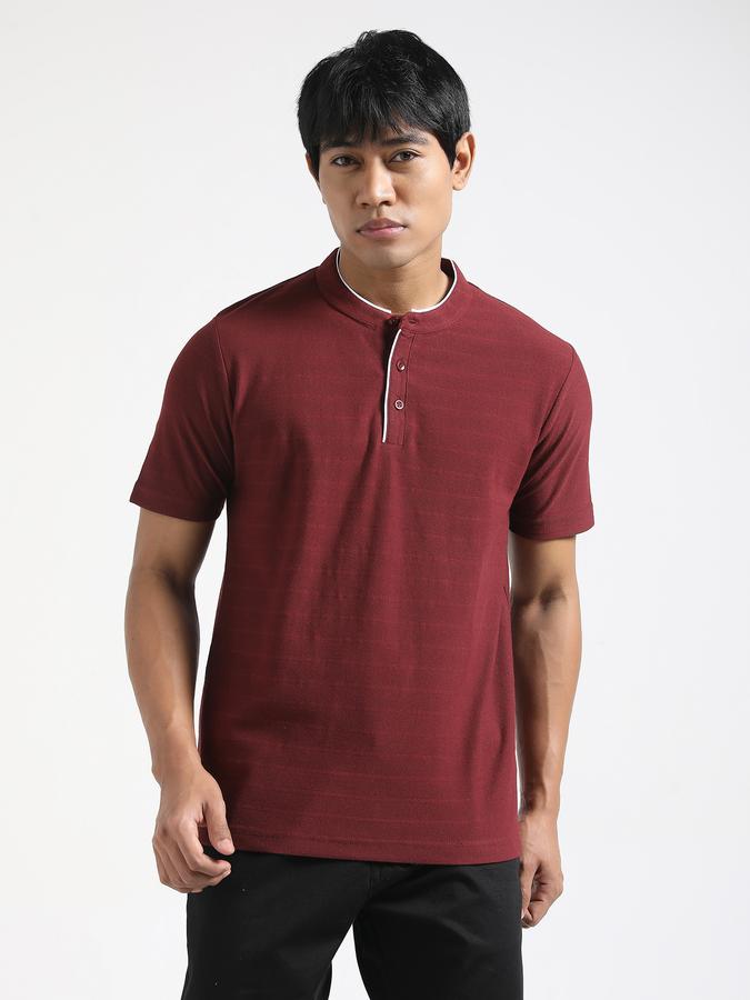 Men Cotton Blend Regular Fit Henley Textured T-shirt