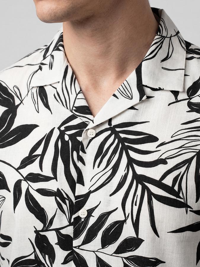 R&B Cream Floral Printed Men Cuban Collar Short Sleeves Shirt