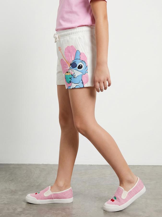 R&B Girls White Stitch Print Mid Rise Shorts