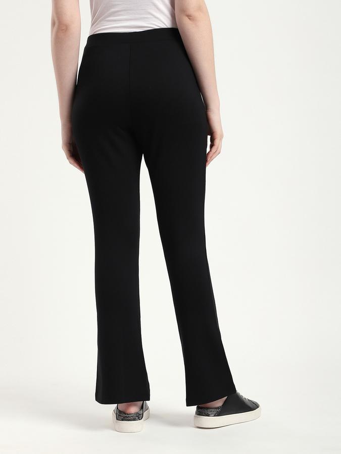 R&B Women Black Solid Button-Detail Flared Trousers