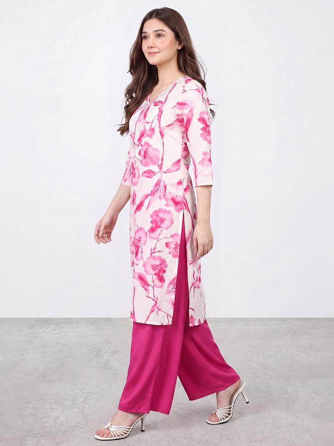 R&B Women Pink Three-Forth Sleeve V-Neck Floral Print Kurta