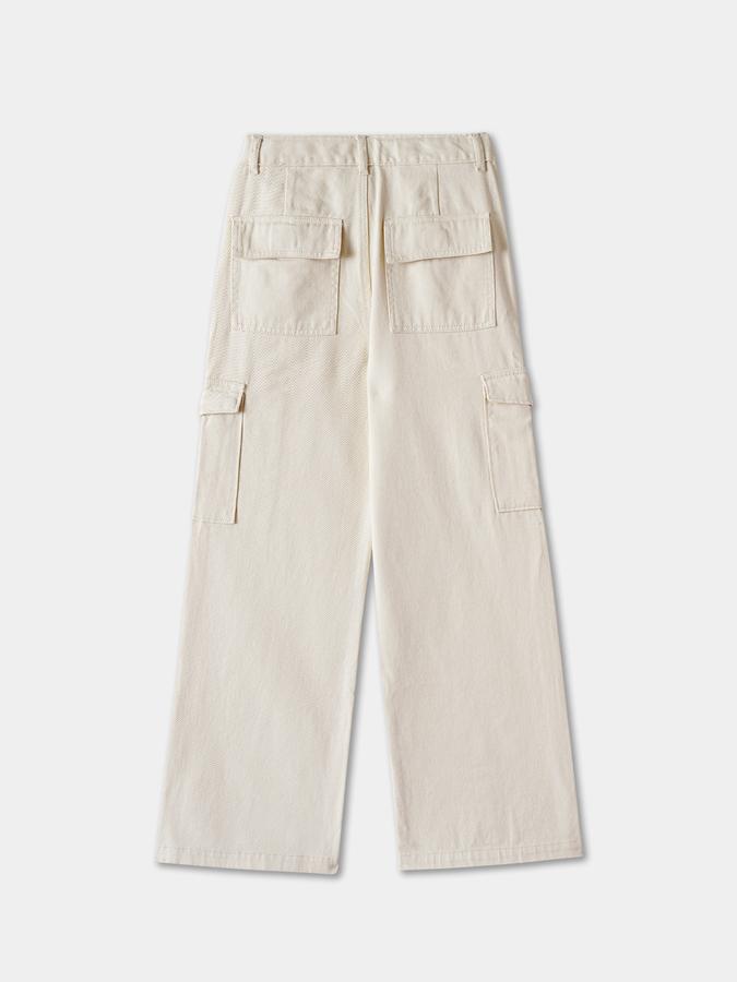 Solid Wide Leg Cargo Jeans with Button Closure image number 1