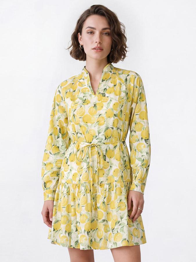 R&B Women Yellow Floral Print Mandarin Collar Cuffed Long Sleeves Fit & Flare Mini Dress