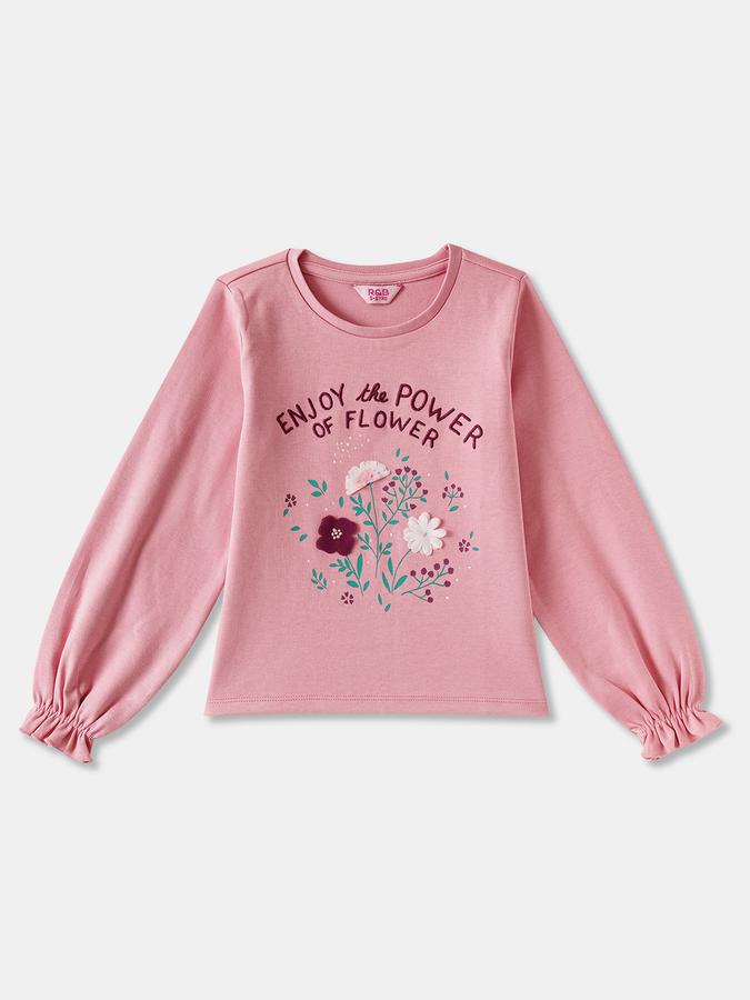 Girls Cotton Regular Fit Crew Neck Long Sleeve Graphic Top