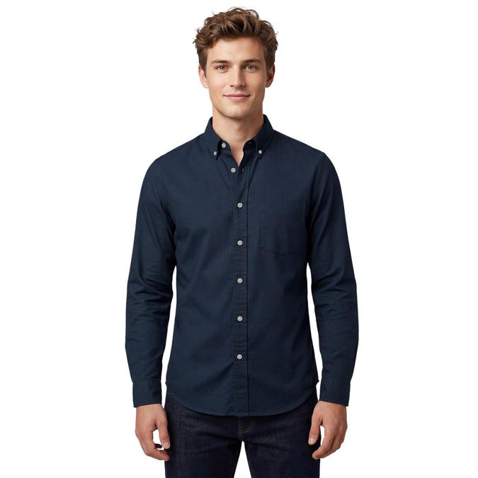 R&B Navy Blue Solid Mens Button-Down Collar Long Sleeves Shirt 