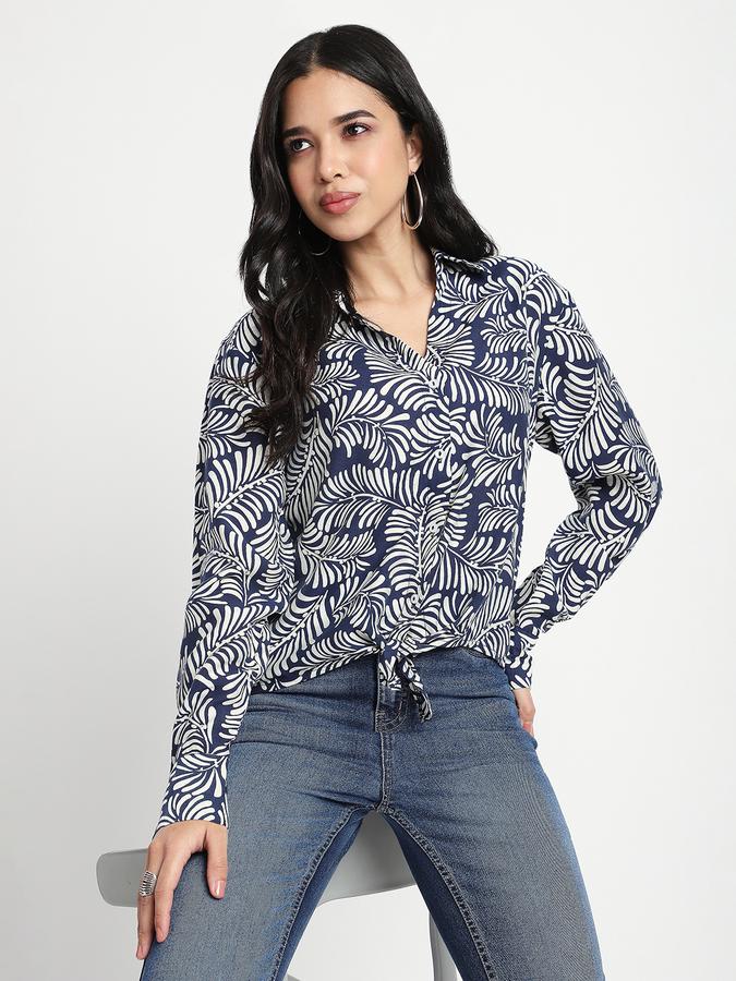 R&B Women Dark Blue Leaf Print Shirt
