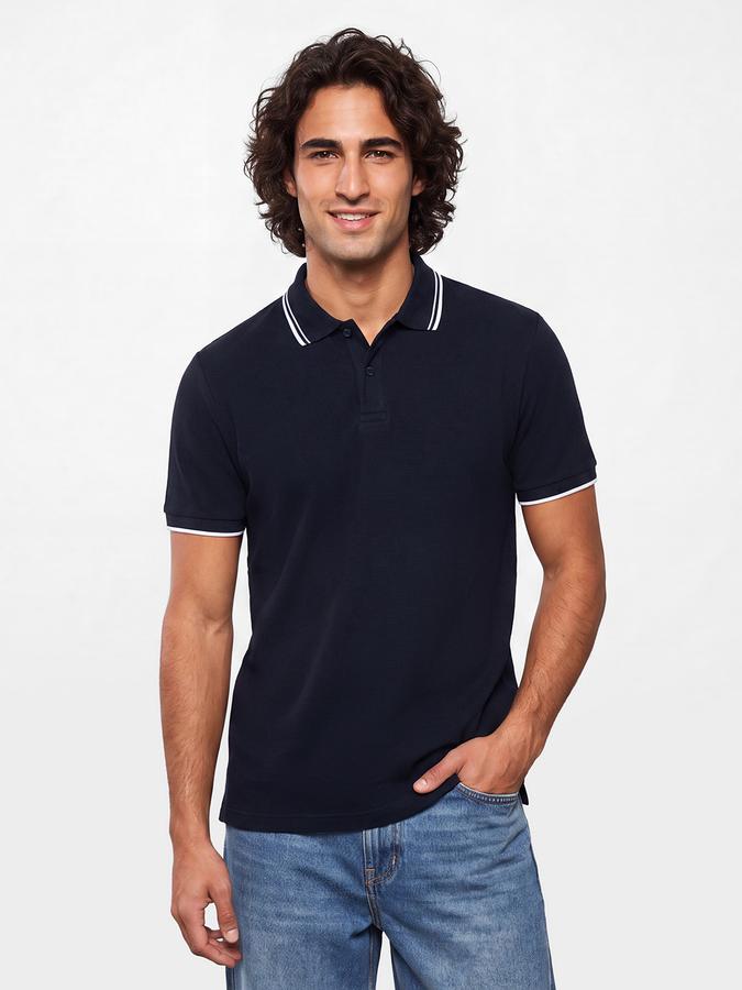 R&B Men Navy Blue Textured Short Sleeves Tipping Polo Collar Tshirt