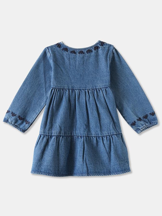 Girls Denim A-Line Round Neck Embroidered Dress