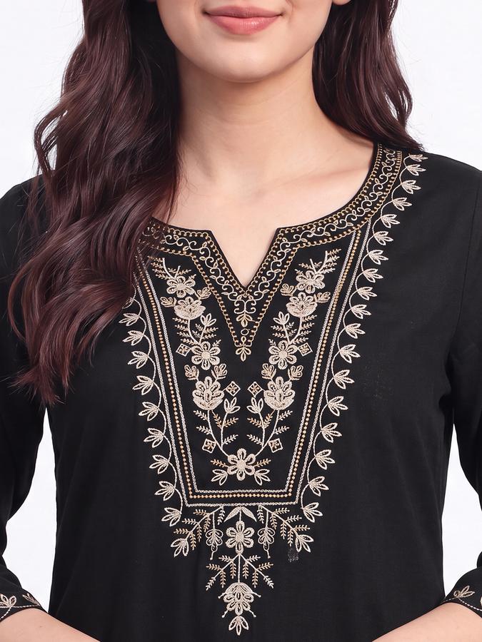 R&B Womens Black Three-Quarter Sleeves Round Neck Floral Embroidery Straight Kurta