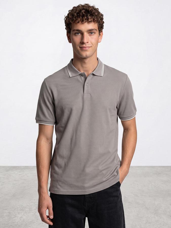 R&B Men Light Grey Textured Short Sleeves Polo Collar T-Shirt