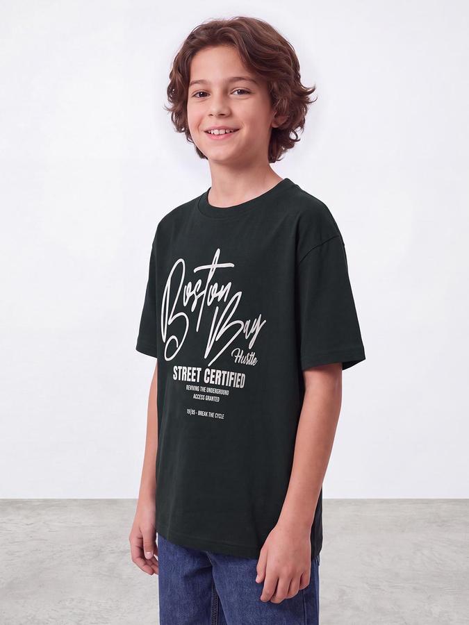 R&B Boys Green Short Sleeve Round Neck Typography Graphic Print T-Shirt