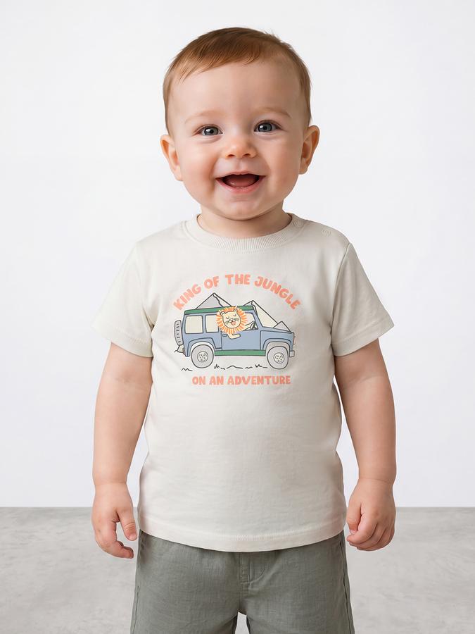 R&B Boys Beige Short sleeve Round Neck Little Exlplorers Typography Graphics Soft Touch Pure Cotton T-Shirt