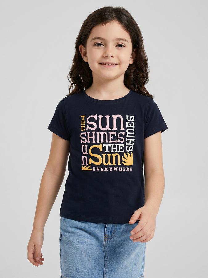 R&B Navy Blue Graphic Print Girls Round Neck Regular Fit Short Sleeves T-Shirt 