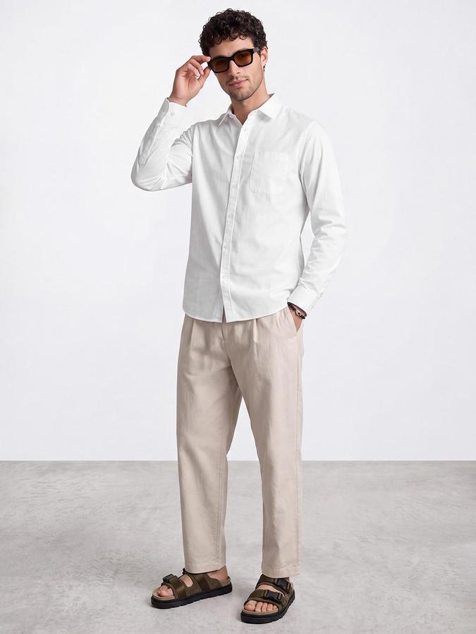 R&B Men White Solid Spread Collar Long Sleeves Shirt
