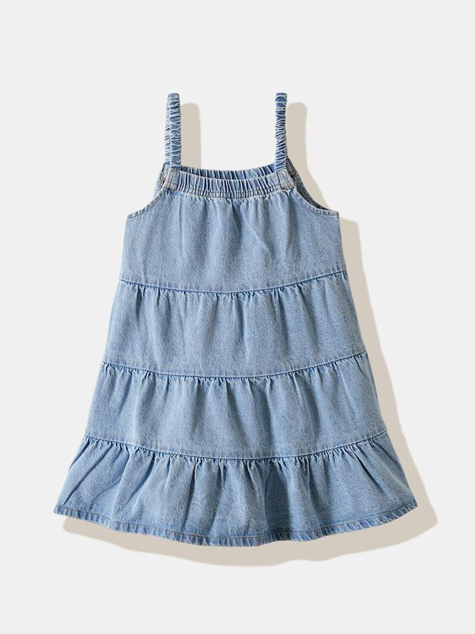 Girls Denim Regular Fit Square Neck Tiered Dress