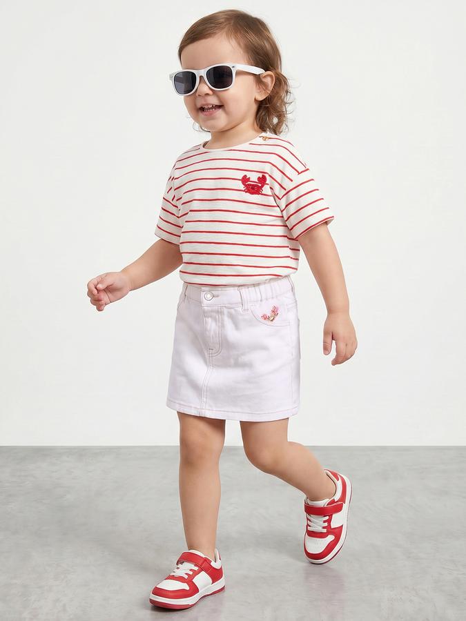R&B Girls White Embroidered Pocket Mid Waist Mini Denim Skirt