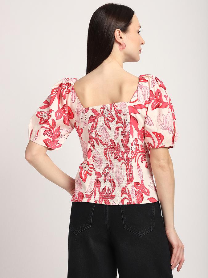 R&B Women Peach Floral Print Puff-Sleeve Top