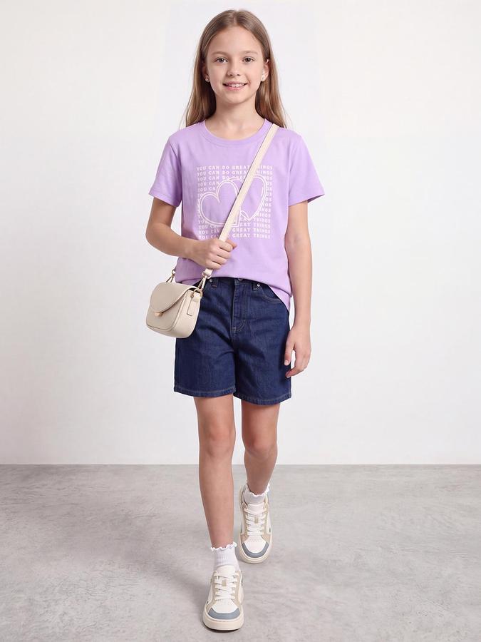 R&B Girls Pastel Lilac Graphic Print Short Sleeves Round Neck Pure Cotton T-Shirt