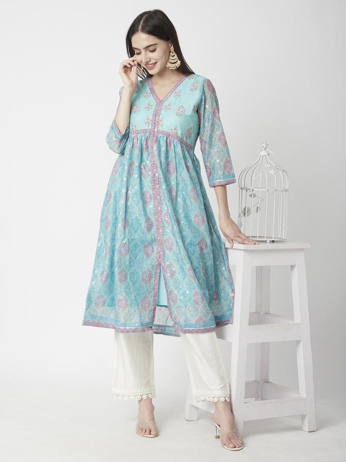 Women Polyester Regular Fit V Neck Embroidered Kurta