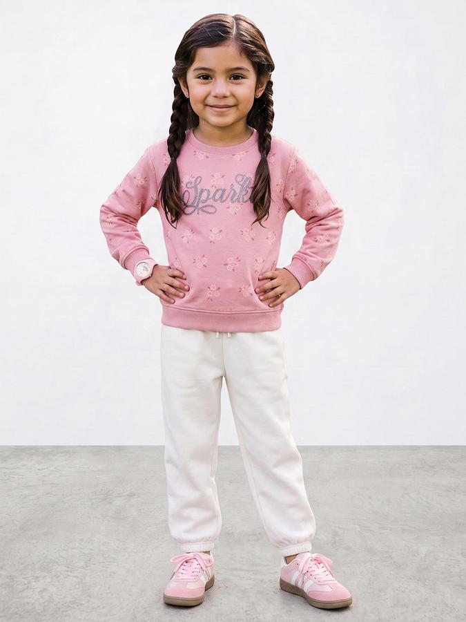 R&B Girls Pink Floral Print Round Neck Long Sleeves Sweatshirt