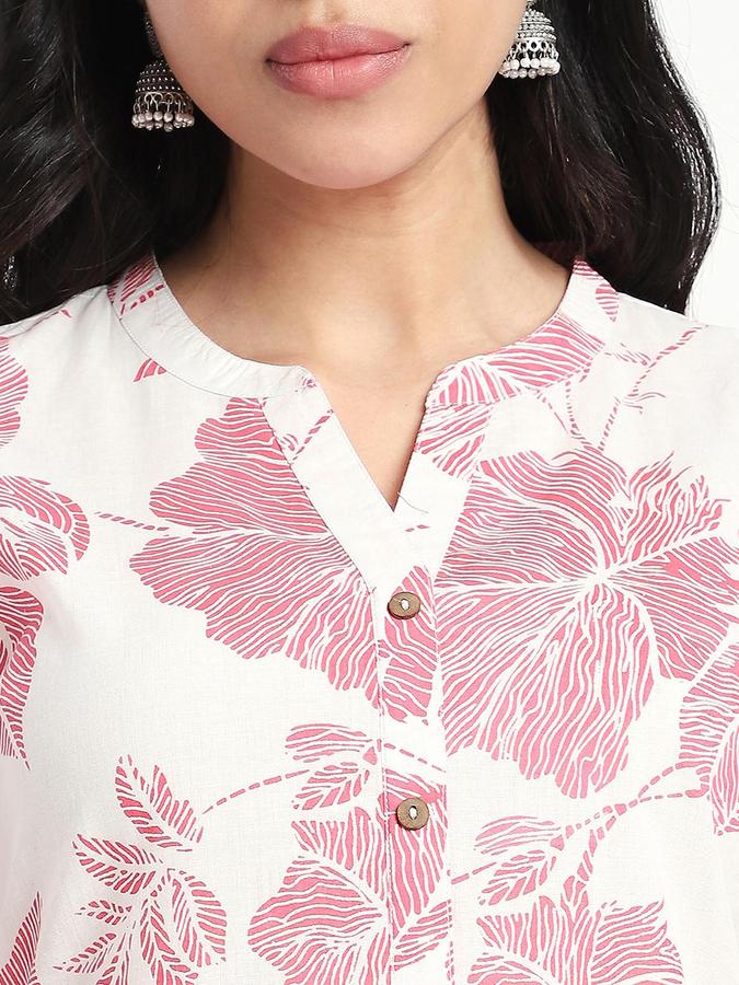 R&B Women Pink Floral Print V-Neck Knee Length Pure Cotton Ethnic Kurta