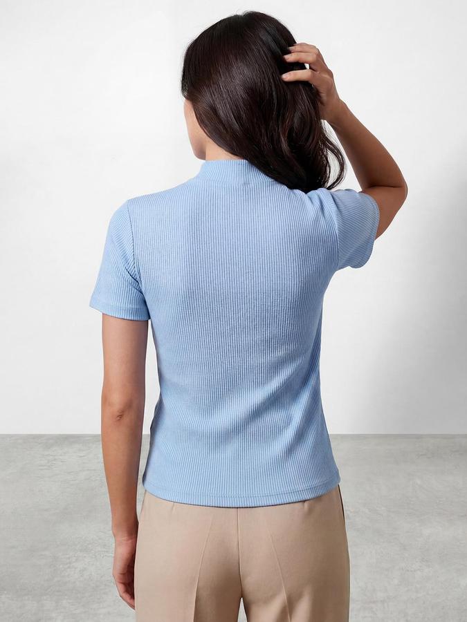 R&B Blue Women Textured Short Sleeves Top