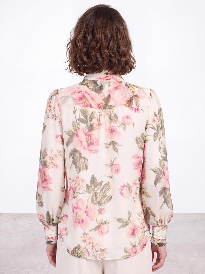 R&B Womens Pink Mandarin Collar Long Sleeves Floral Print Sheer Top