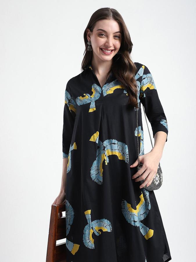 R&B Women Black Abstract Print Shirt Collar Knee Length Pure Cotton Ethnic Kurta
