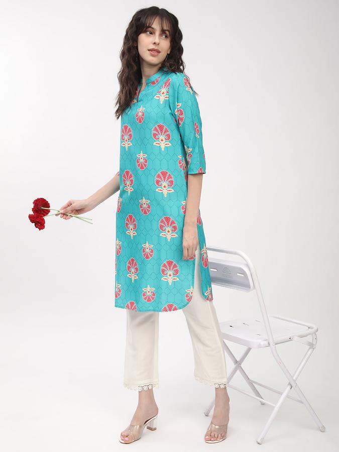 Women's regular fit casual teal floral butta printed kurta with 3/4th sleeves image number 1