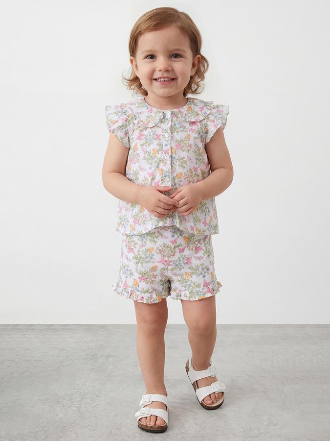 R&B Girls White Printed Pure Cotton Half Sleeve Co-ord Set