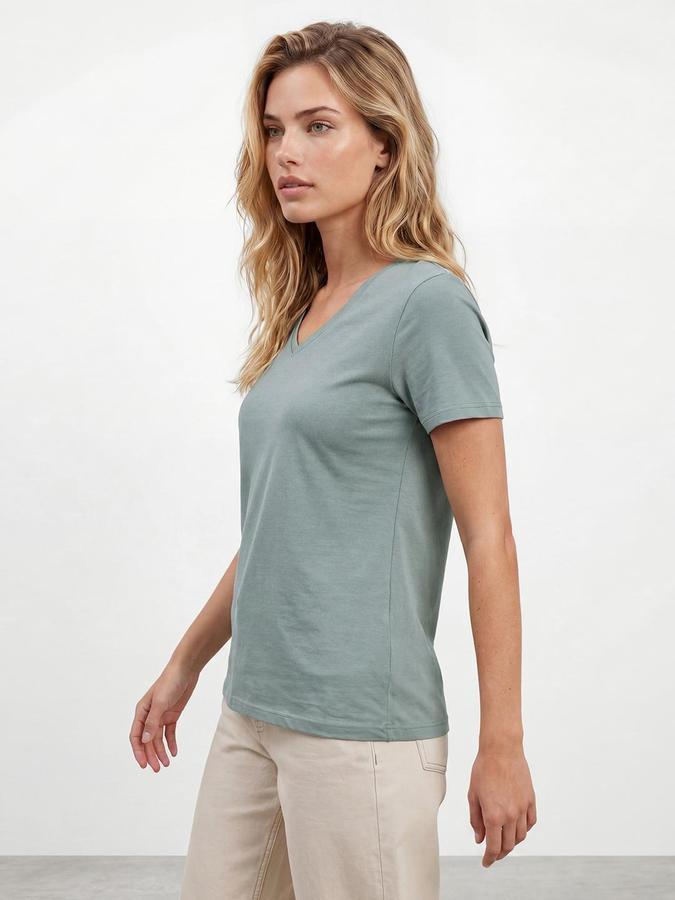 R&B Womens Classic Dusty Mint Solid V-Neck Half Sleeve Regular Fit T-Shirt