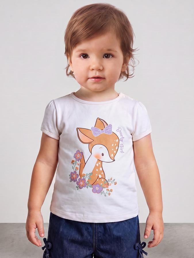 R&B Girls Beige Graphic Print Short Sleeves Round Neck Pure Cotton T-Shirt
