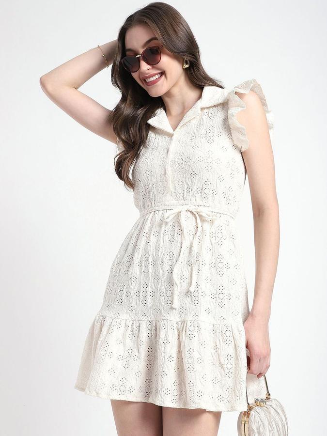 R&B Women Ivory Self Design Sleeveless Lapel Collar Mini Fit &amp; Flare Dress