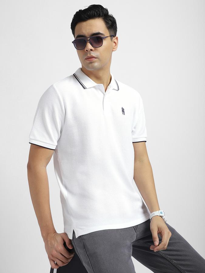 Men Cotton Blend Regular Fit Polo Neck Textured T-shirt