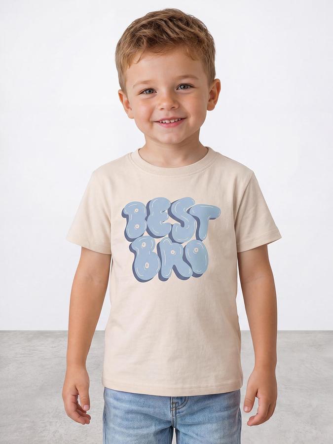 R&B Boys Light Beige Short Sleeve Round Neck Typography Graphic Print T-Shirt