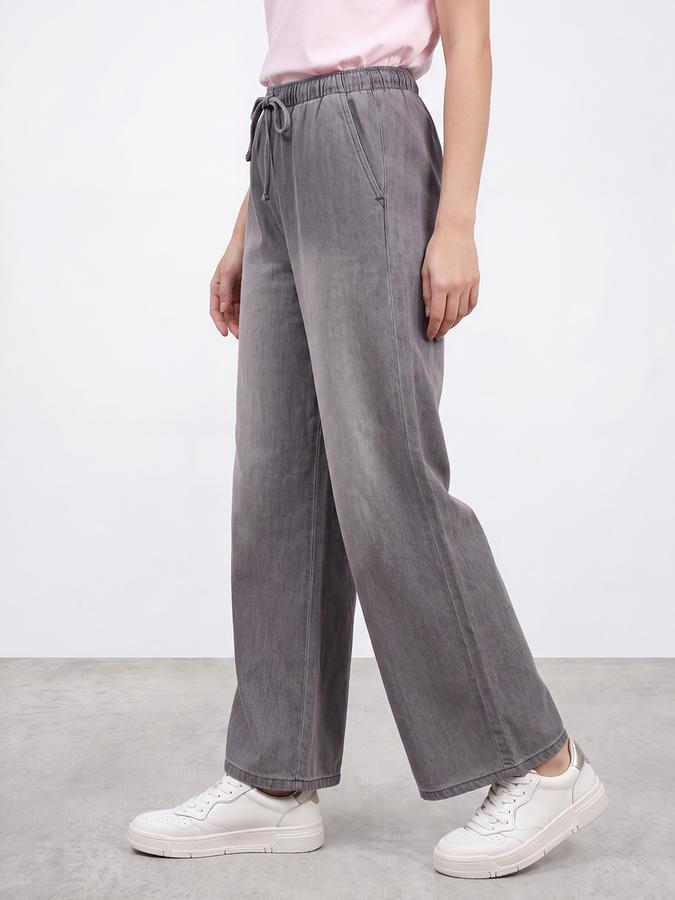 R&B Women Pure Cotton Grey Wide Leg Jeans With Drawstring Closure