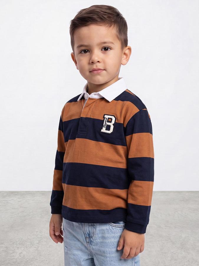 R&B Boys Orange Striped Long Sleeves Polo Collar Pure Cotton T-Shirt