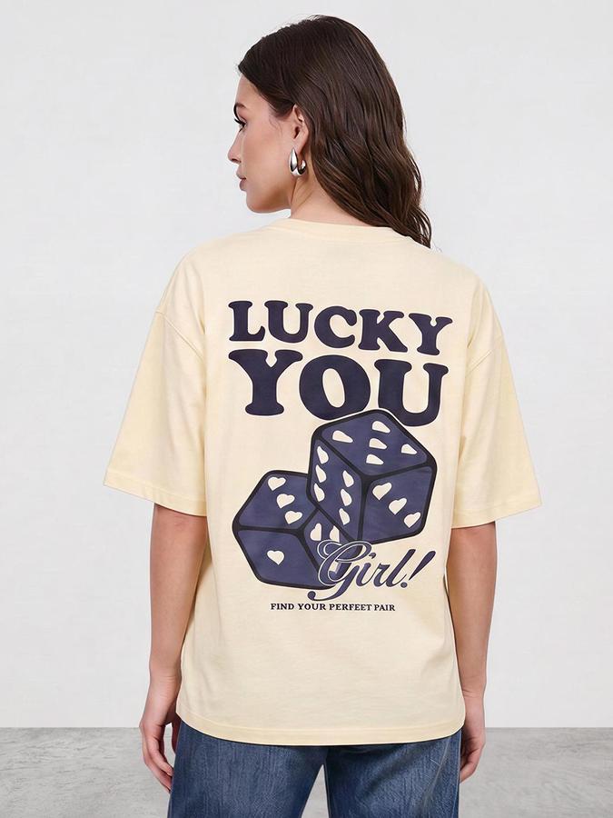 R&B Women Light Yellow Graphic Back Print Pure Cotton Round Neck  T-Shirt