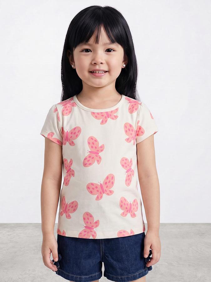 R&B Girls Beige Butterfly Print Short Sleeves Round Neck Pure Cotton T-Shirt