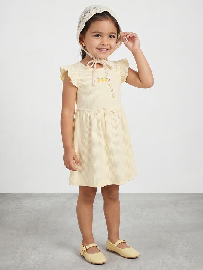 R&B Girl Yellow Tropical Embroidery Flutter Sleeves Fit and Flare Dress