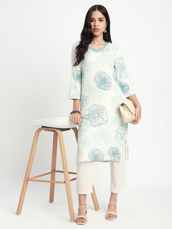 Women Cotton Straight Fit V-Neck Printed Kurta