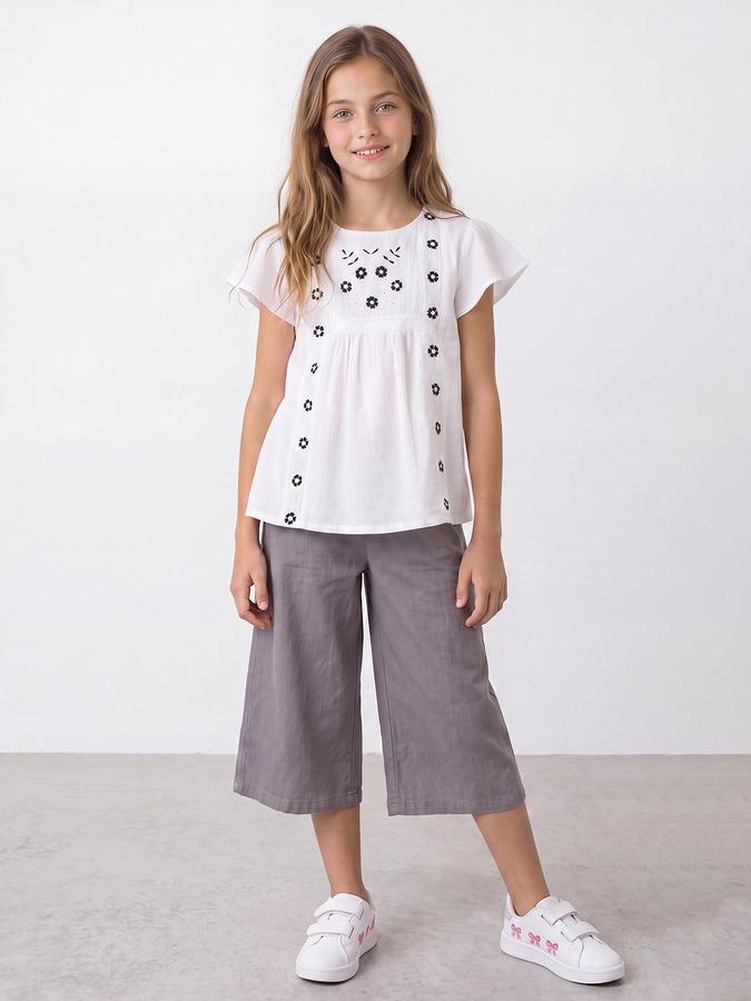 R&B Girls White Embroidered Regular Fit Short Sleeves Top