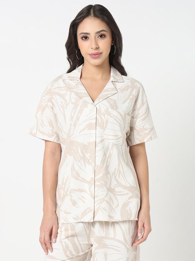 R&B Women Beige Leaf Print Relaxed Shirt
