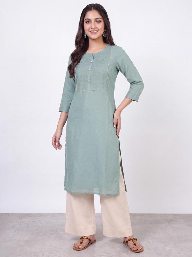 R&B Women Mint Green Round Neck 3/4 Sleeves Pintuck Straight Kurta